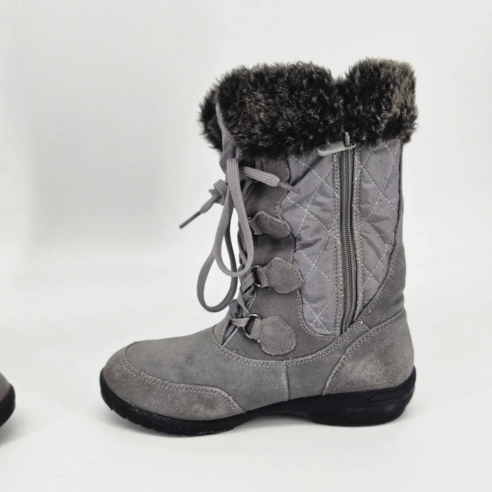 Lands' End Grey Suede Quilted Faux Fur Winter Snow Boots Comfort Shoes 6 VGUC